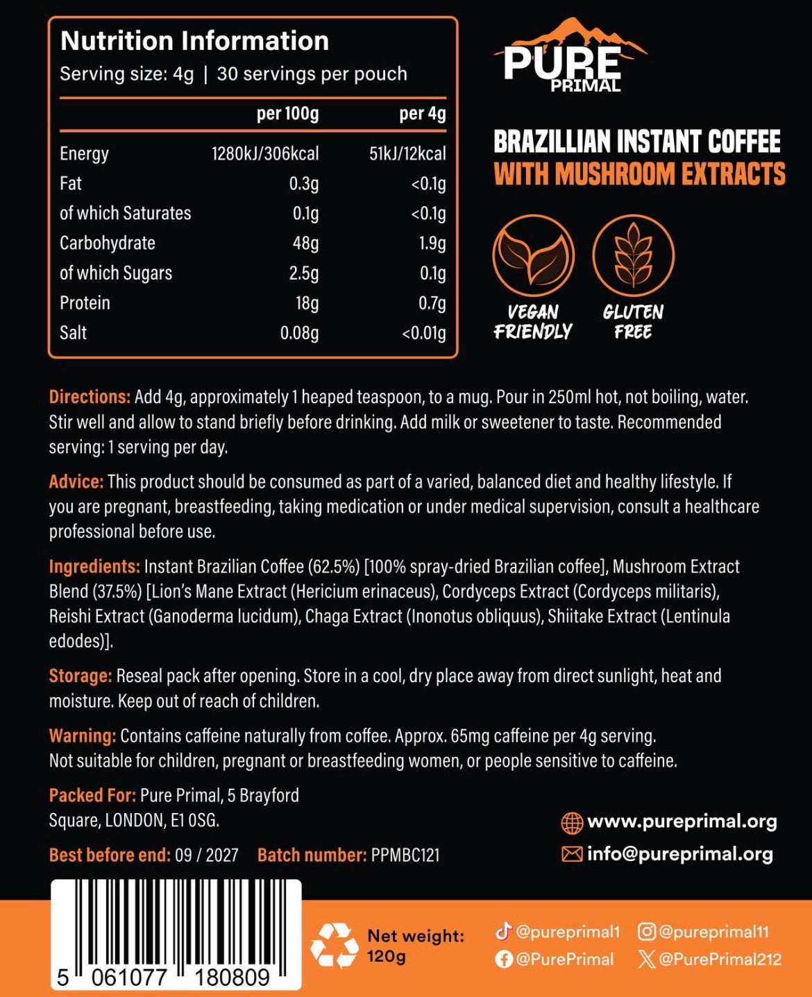 Pure Primal Mushroom Blend Coffee – Functional Instant Coffee | 30 Servings | 120g