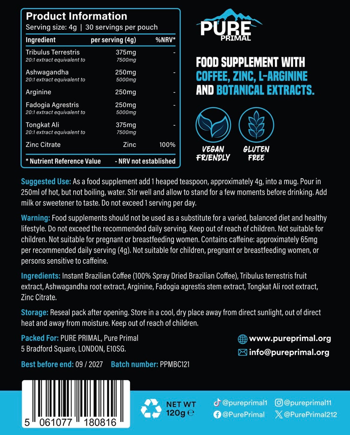 Pure Primal Primal Men's Coffee – Instant Coffee Food Supplement | 30 Servings | 120g